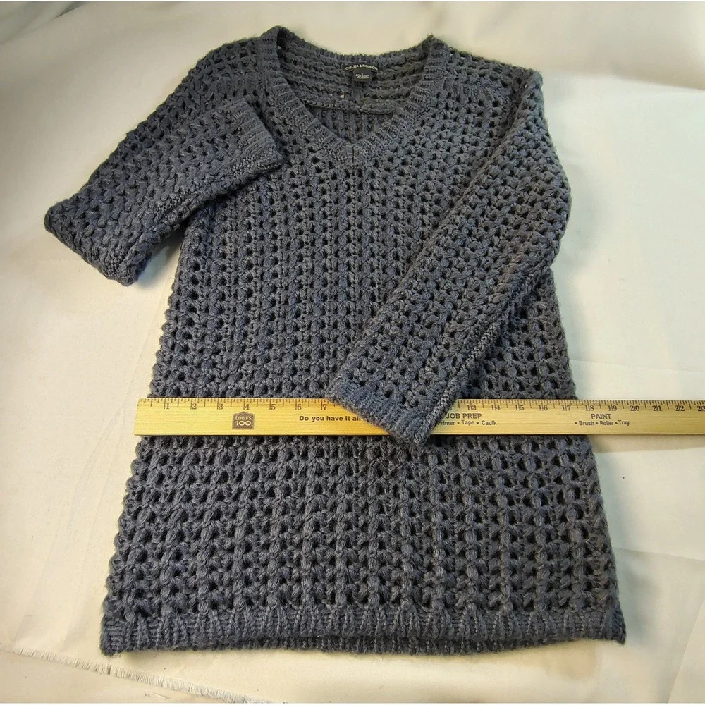 Chelsea & Theodore Blue Gray Open Knit Crochet V-Neck Pullover Boho Sweater Sz L